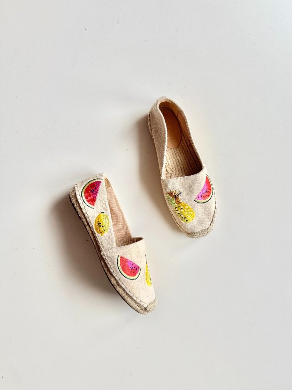 J.CREW Ivory Canvas Embroidered Fruit Salad Espadrilles Flats, Size 7.5
